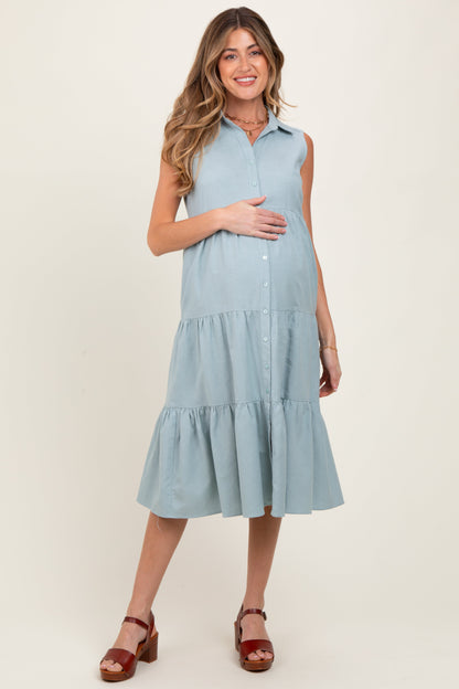 Light Olive Tiered Sleeveless Maternity Midi Shirt Dress