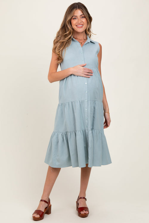Light Olive Tiered Sleeveless Maternity Midi Shirt Dress
