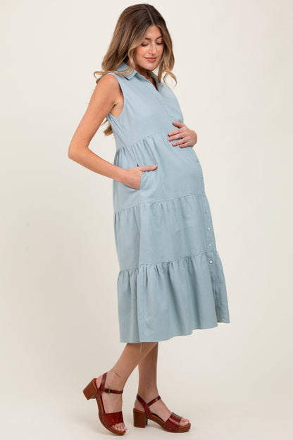 Light Olive Tiered Sleeveless Maternity Midi Shirt Dress