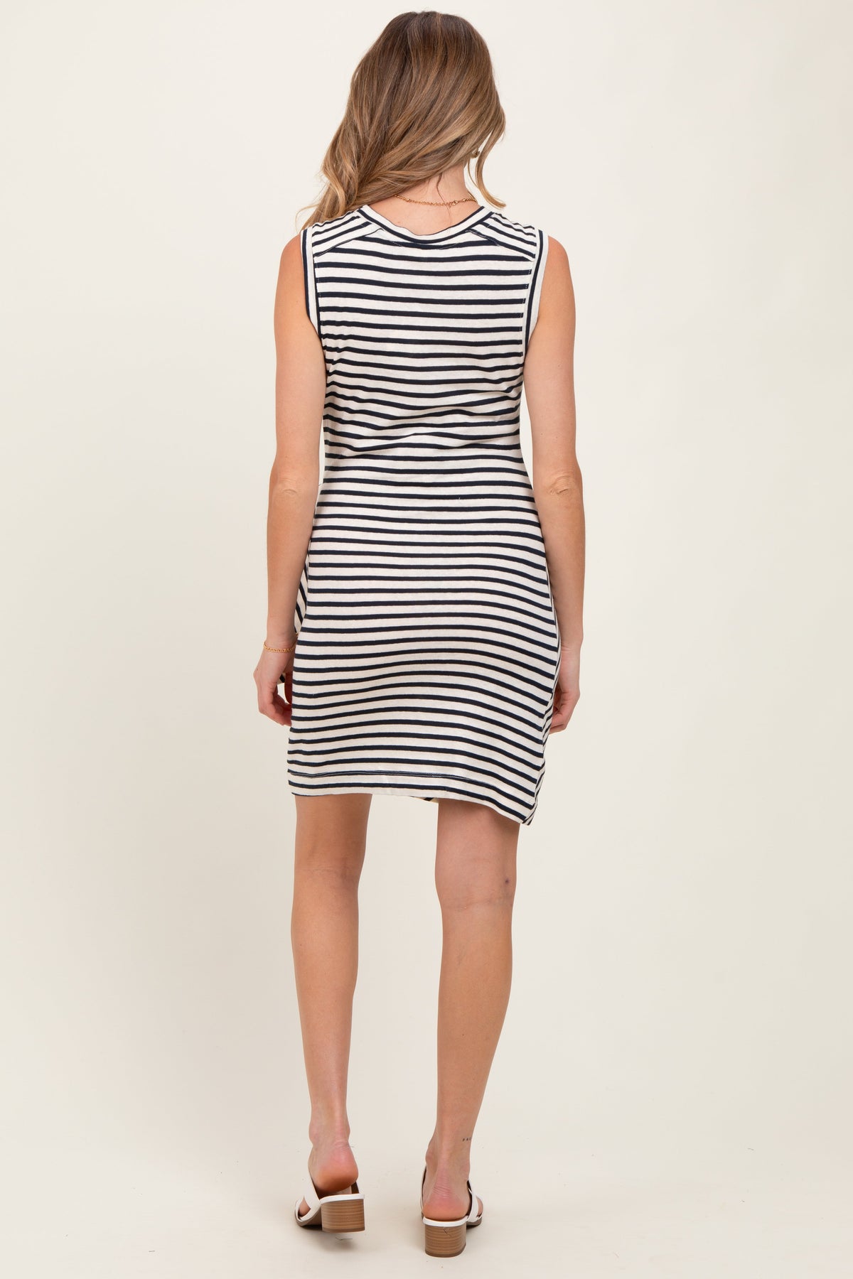 Navy Striped Sleeveless Side Tie Maternity Mini Dress