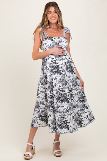 Black Floral Shoulder Tie Striped Trim Maternity Midi Dress