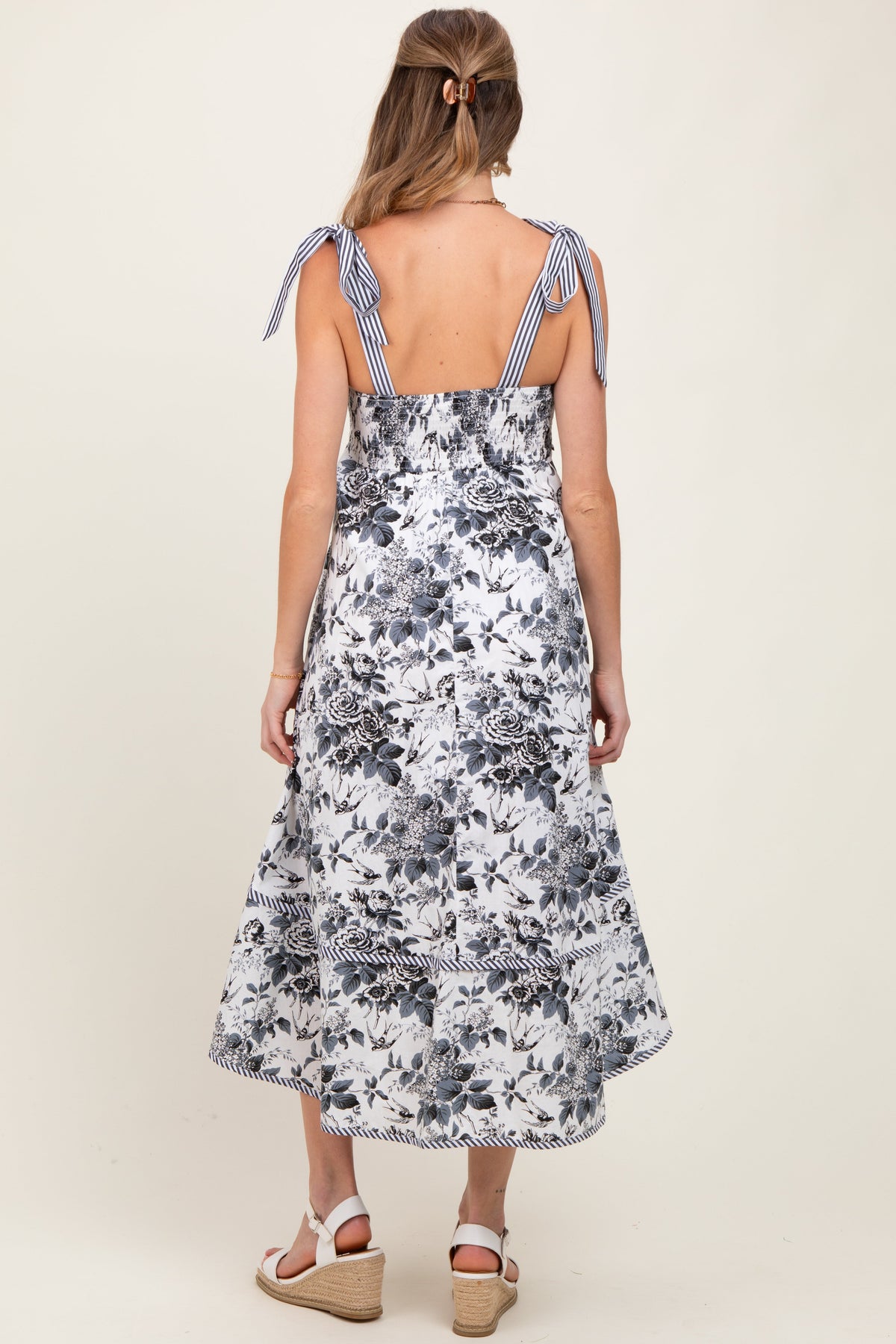 Black Floral Shoulder Tie Striped Trim Maternity Midi Dress