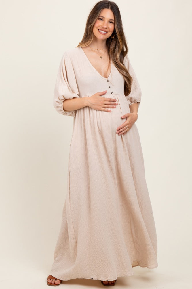 Beige Solid Woven Elbow Sleeve V-Neck Button Down Maternity Maxi Dress