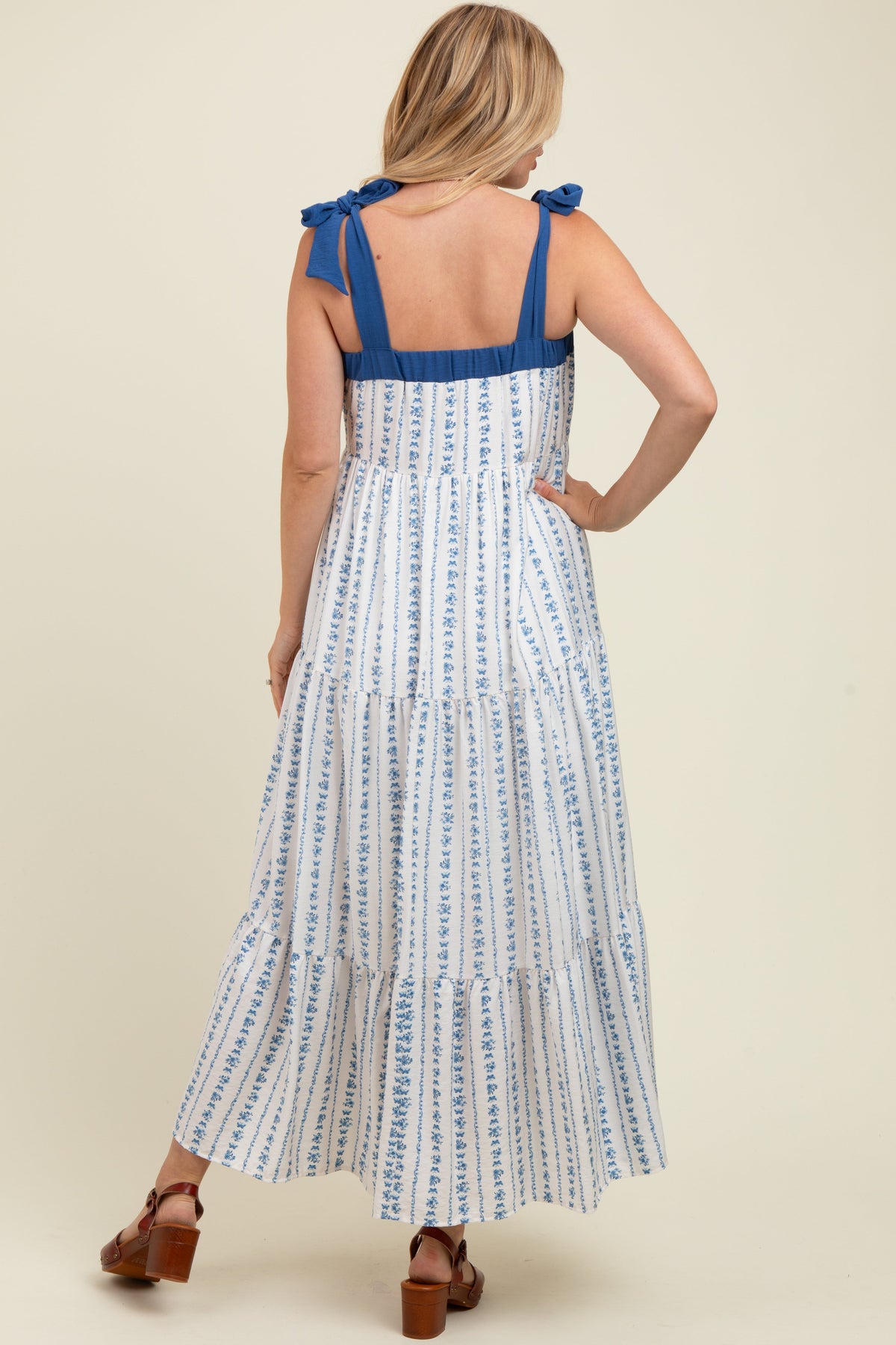 Blue/White Ditzy Floral Sleeveless Tiered Maternity Maxi Dress