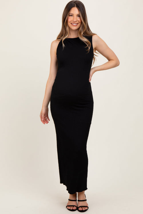 Black Textured Shoulder Detail Maternity Midi Dress