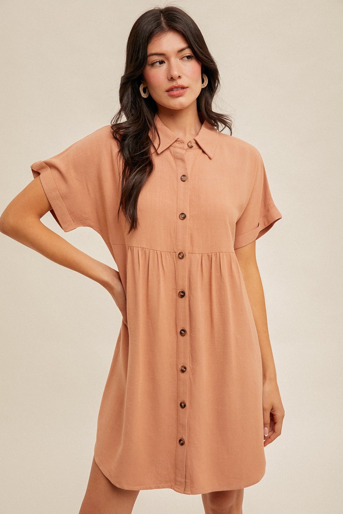 Peach Dolman Sleeve Linen Maternity Shirt Dress