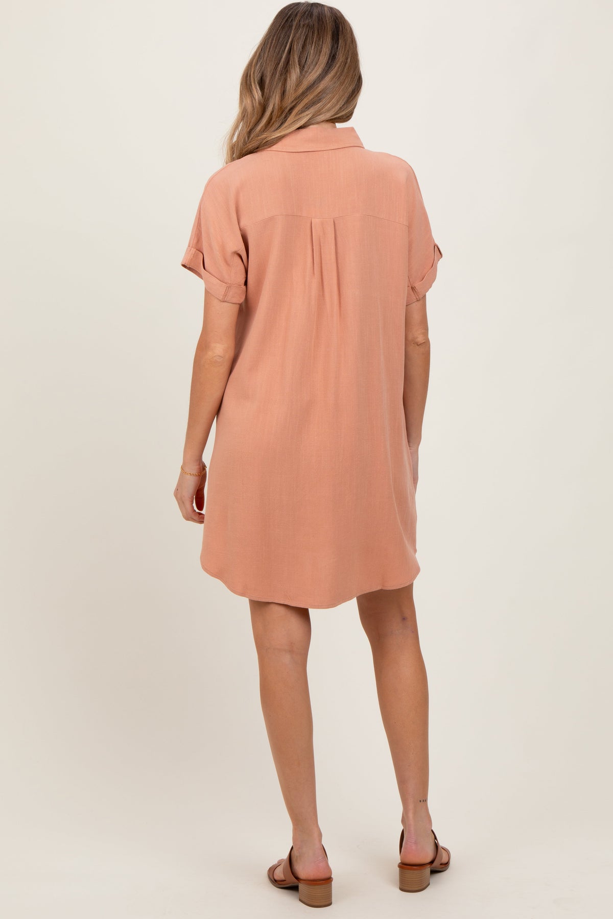 Peach Dolman Sleeve Linen Maternity Shirt Dress