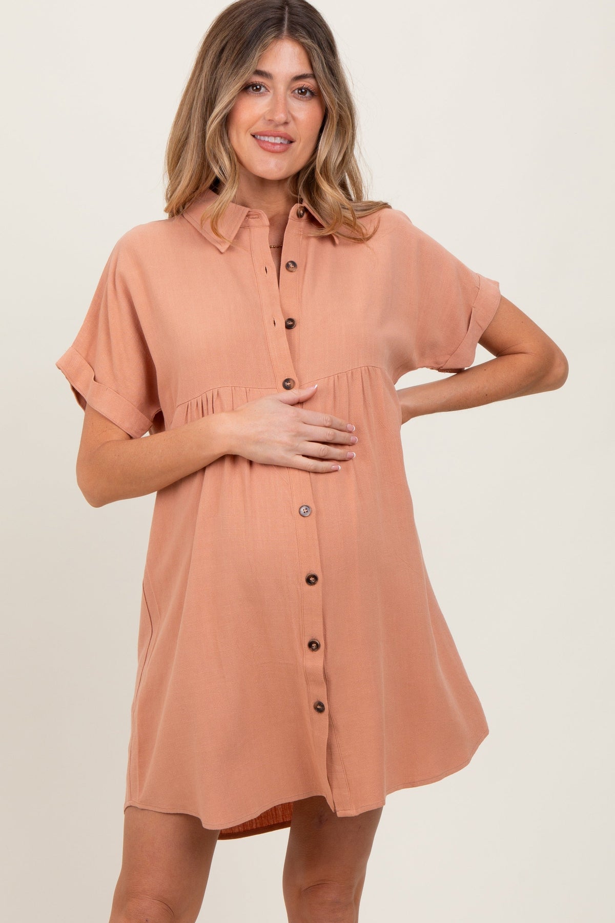 Peach Dolman Sleeve Linen Maternity Shirt Dress