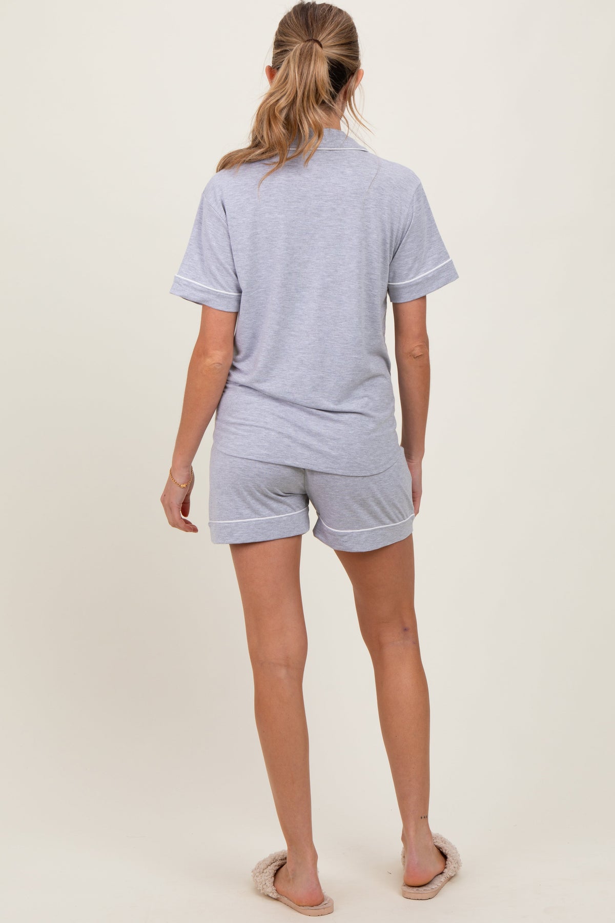 Heather Grey Short Sleeve Button Down Shirt Shorts Maternity Set