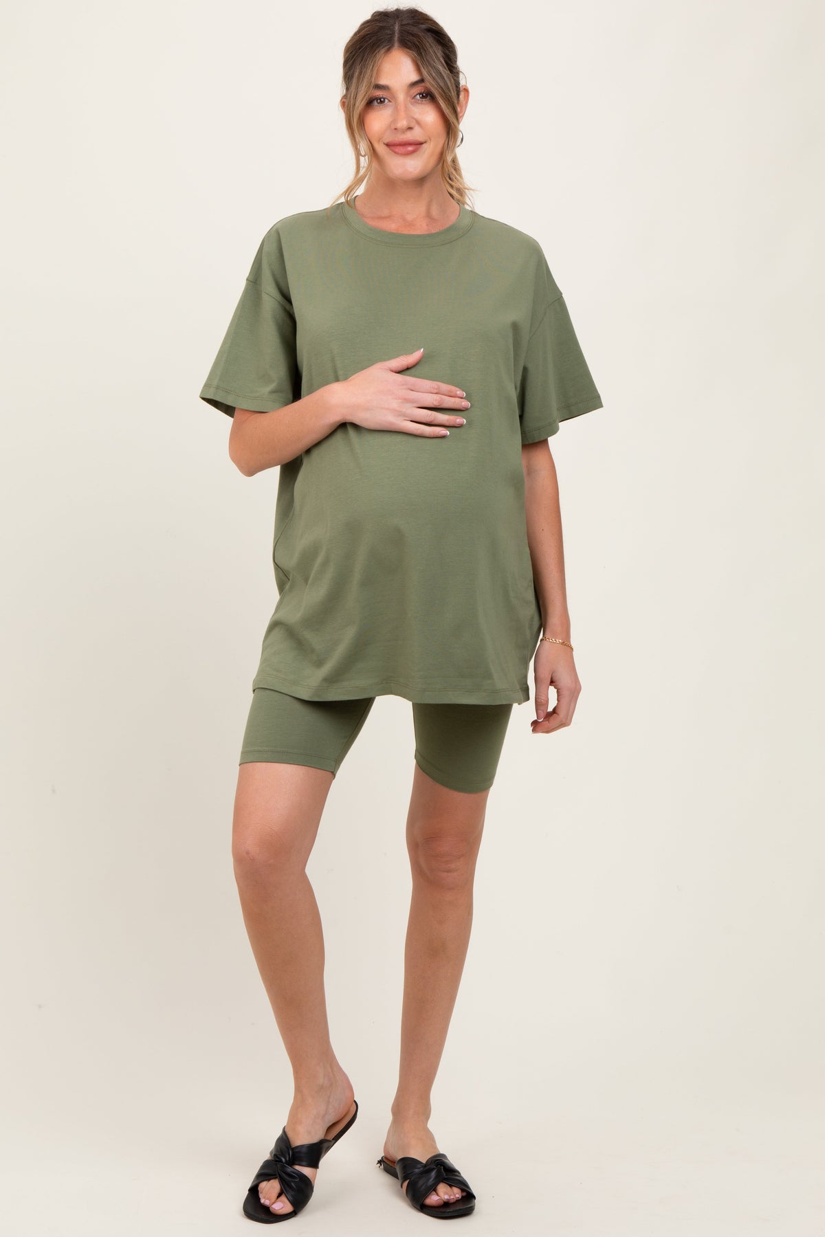 Light Olive Biker Shorts Maternity Set