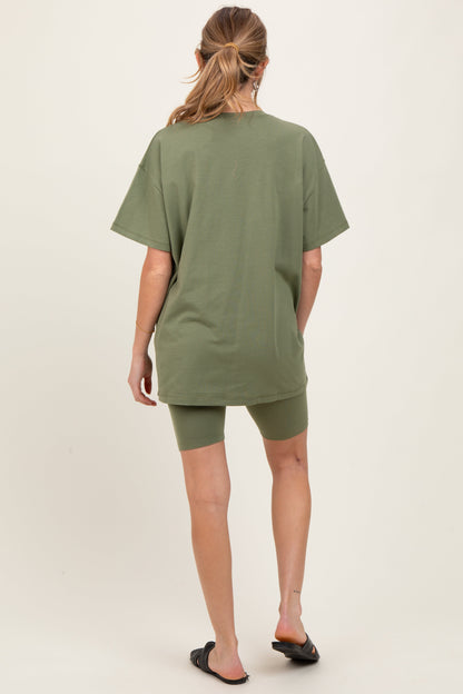 Light Olive Biker Shorts Maternity Set