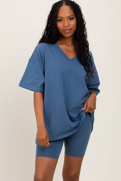 Blue Oversized V-Neck Biker Short Maternity Set