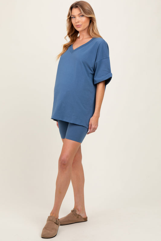 Blue Oversized V-Neck Biker Short Maternity Set