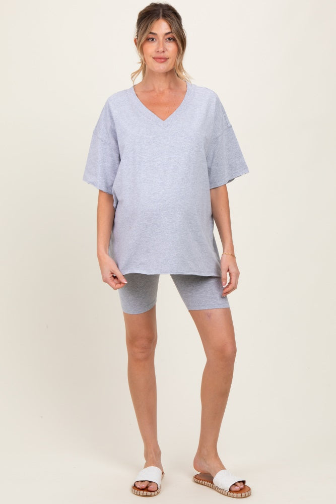 Heather Grey Oversized V-Neck Biker Short Maternity Set