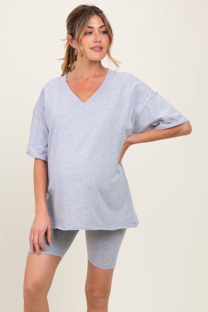 Heather Grey Oversized V-Neck Biker Short Maternity Set