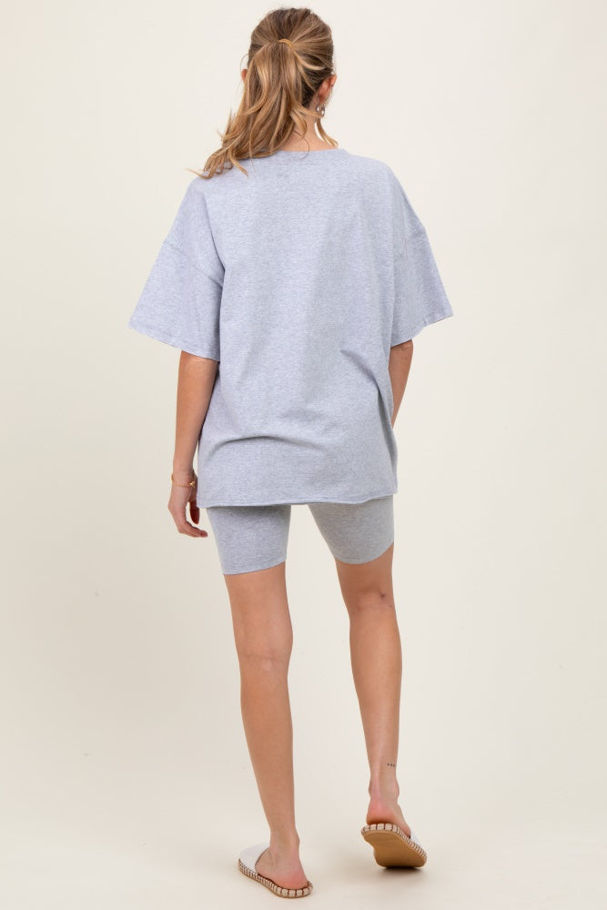 Heather Grey Oversized V-Neck Biker Short Maternity Set