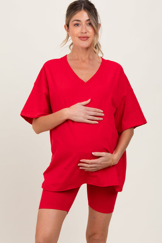 Red Oversized V-Neck Biker Short Maternity Set