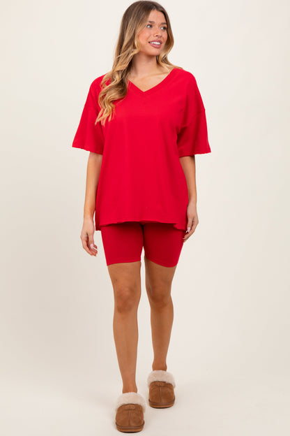Red Oversized V-Neck Biker Short Maternity Set