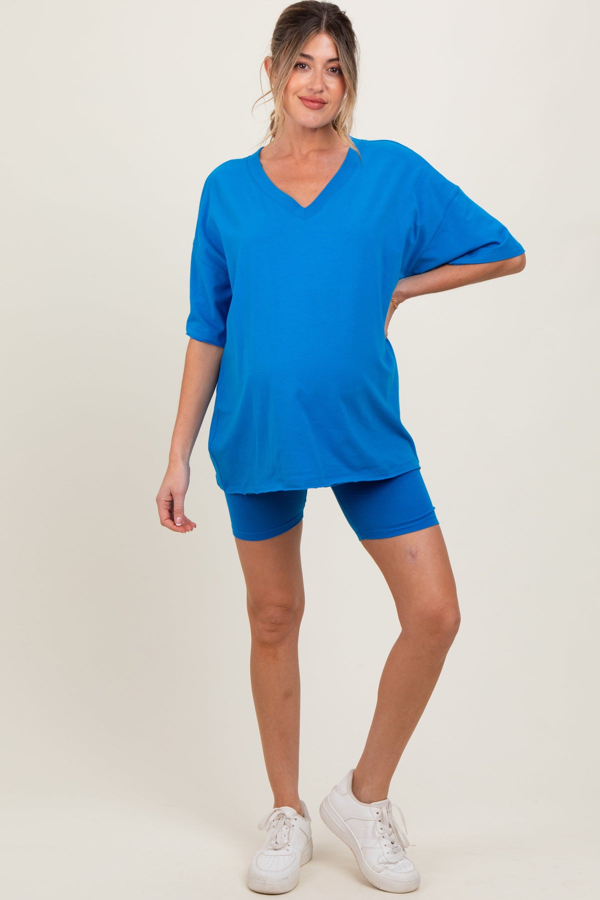 Aqua Oversized V-Neck Biker Short Maternity Set