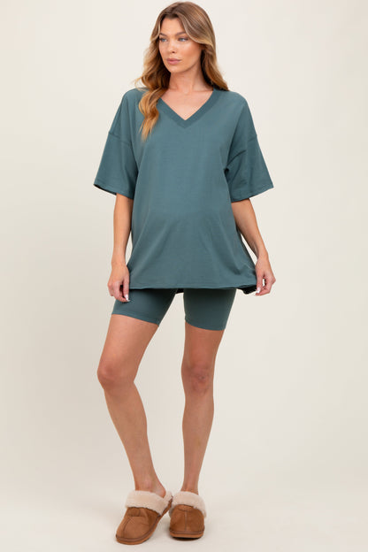 Light Olive Oversized V-Neck Biker Short Maternity Set