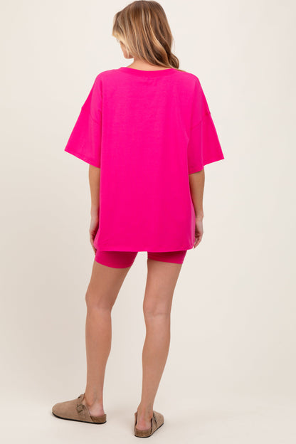 Fuchsia Oversized V-Neck Biker Short Maternity Set