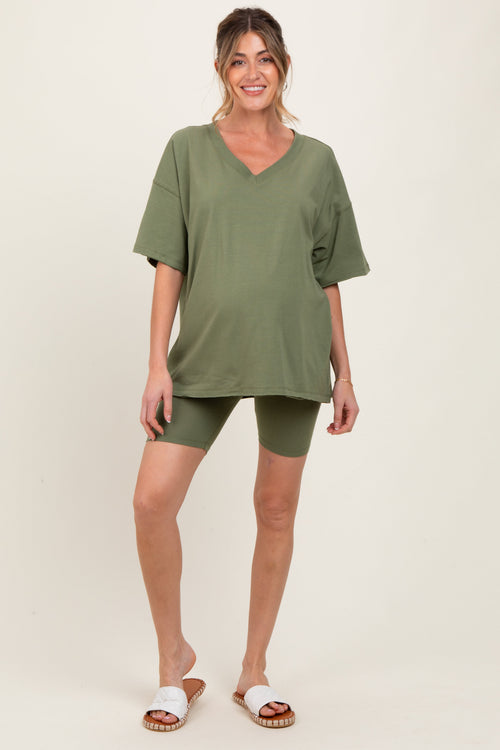 Olive Oversized V-Neck Biker Short Maternity Set