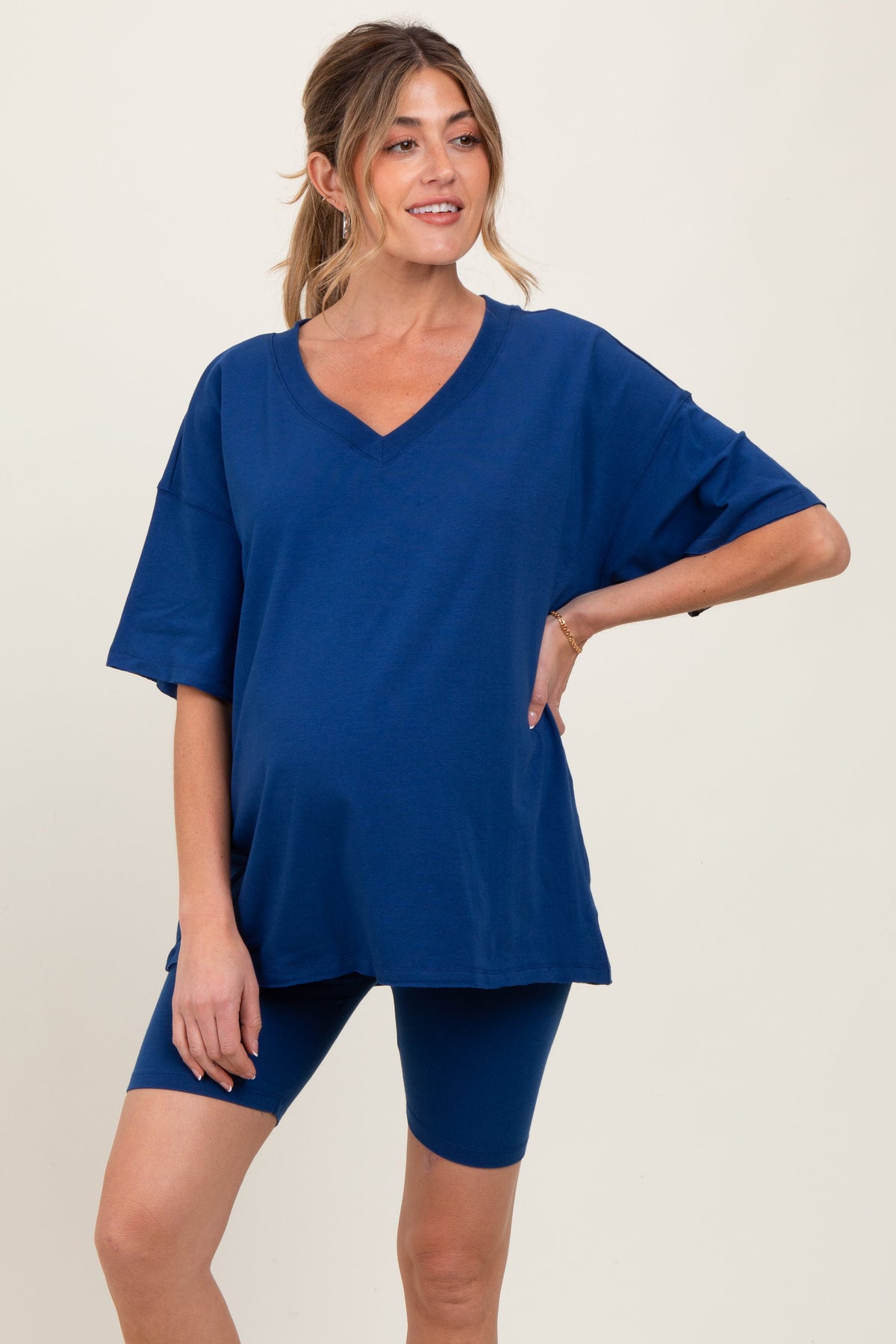 Light Navy Oversized V-Neck Biker Short Maternity Set