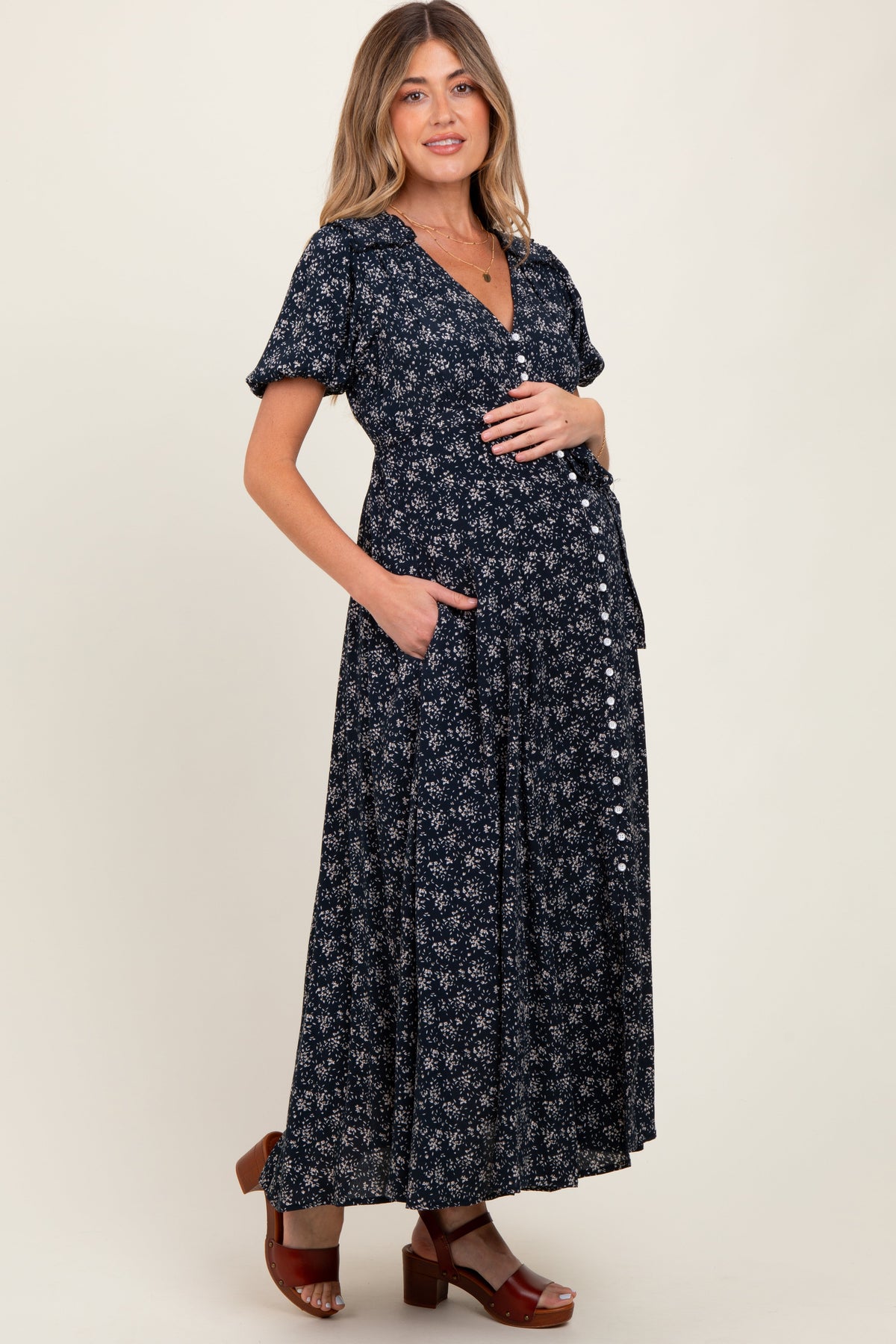 Navy Floral Button Down Maternity Dress