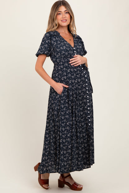 Navy Floral Button Down Maternity Dress