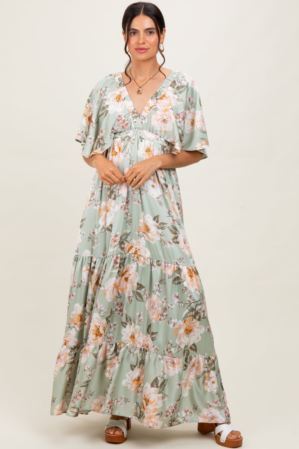 Sage Floral Print Elbow Sleeve V-Neck Tiered Maternity Maxi Dress