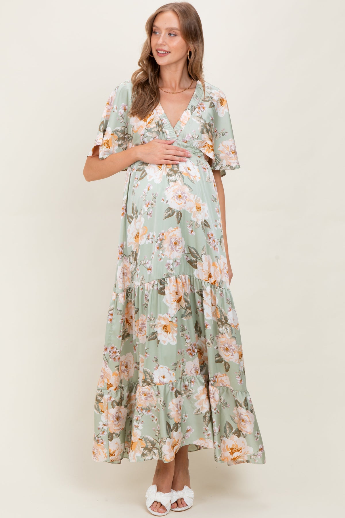 Sage Floral Print Elbow Sleeve V-Neck Tiered Maternity Maxi Dress