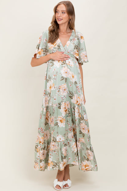 Sage Floral Print Elbow Sleeve V-Neck Tiered Maternity Maxi Dress