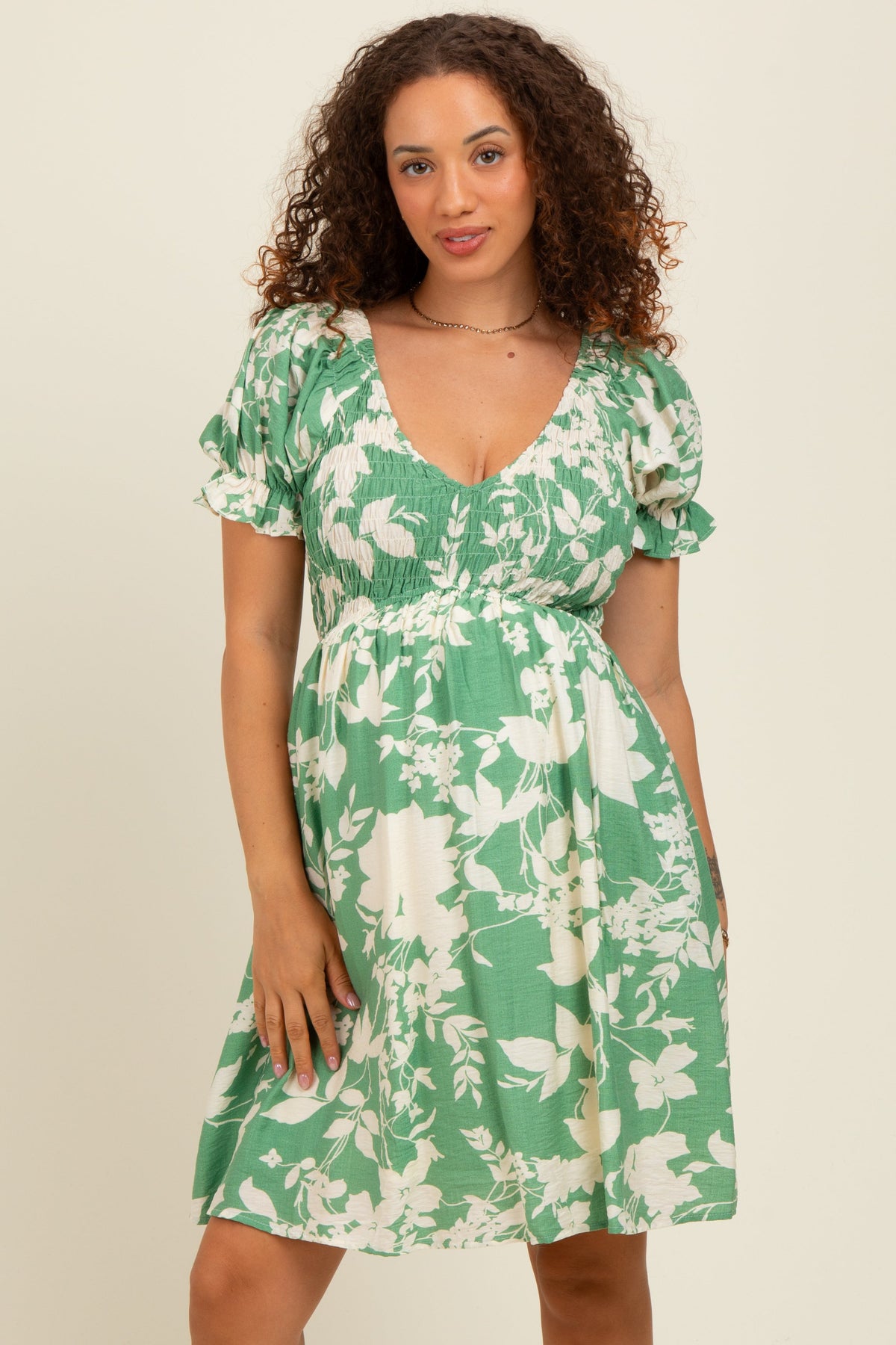 Light Olive Floral Smocked Puff Sleeve Maternity Dress