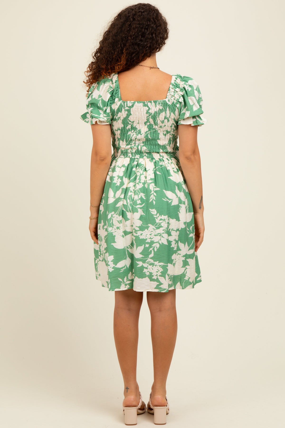 Light Olive Floral Smocked Puff Sleeve Maternity Dress