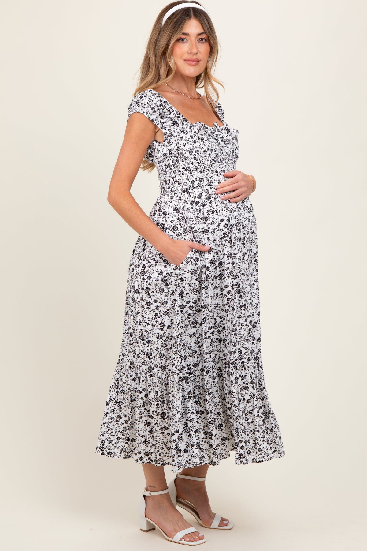 White Floral Smocked Ruffle Detail Maternity Midi Dress