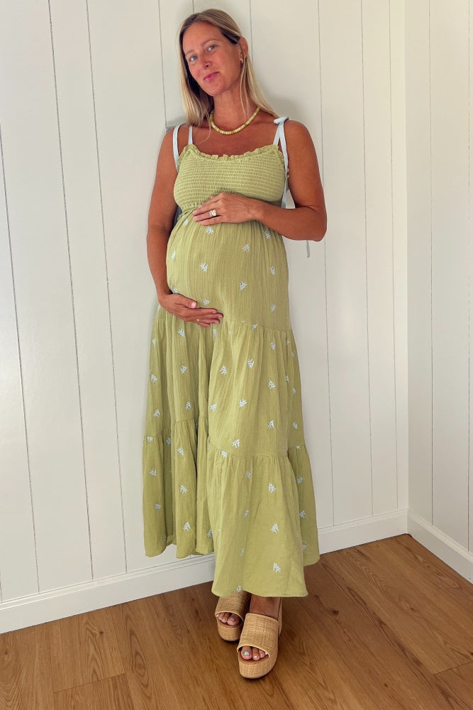 Light Olive Embroidered Smocked Shoulder Tie Maternity Maxi Dress