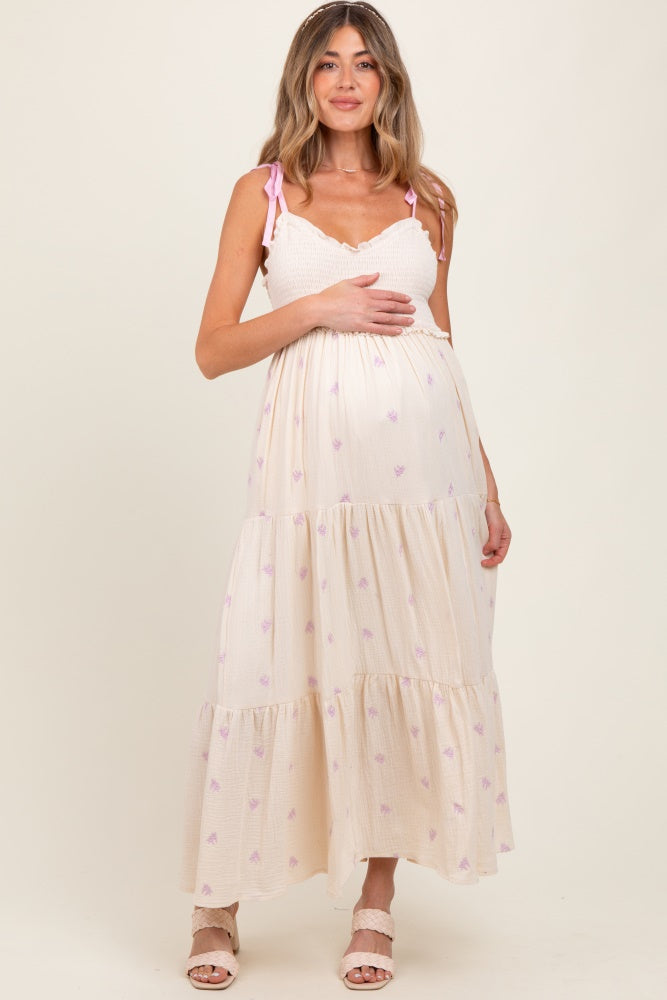 Cream Embroidered Smocked Shoulder Tie Maternity Maxi Dress