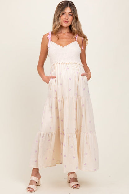 Cream Embroidered Smocked Shoulder Tie Maternity Maxi Dress
