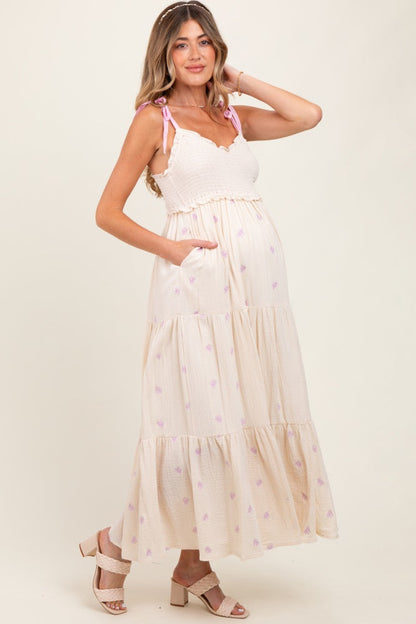 Cream Embroidered Smocked Shoulder Tie Maternity Maxi Dress