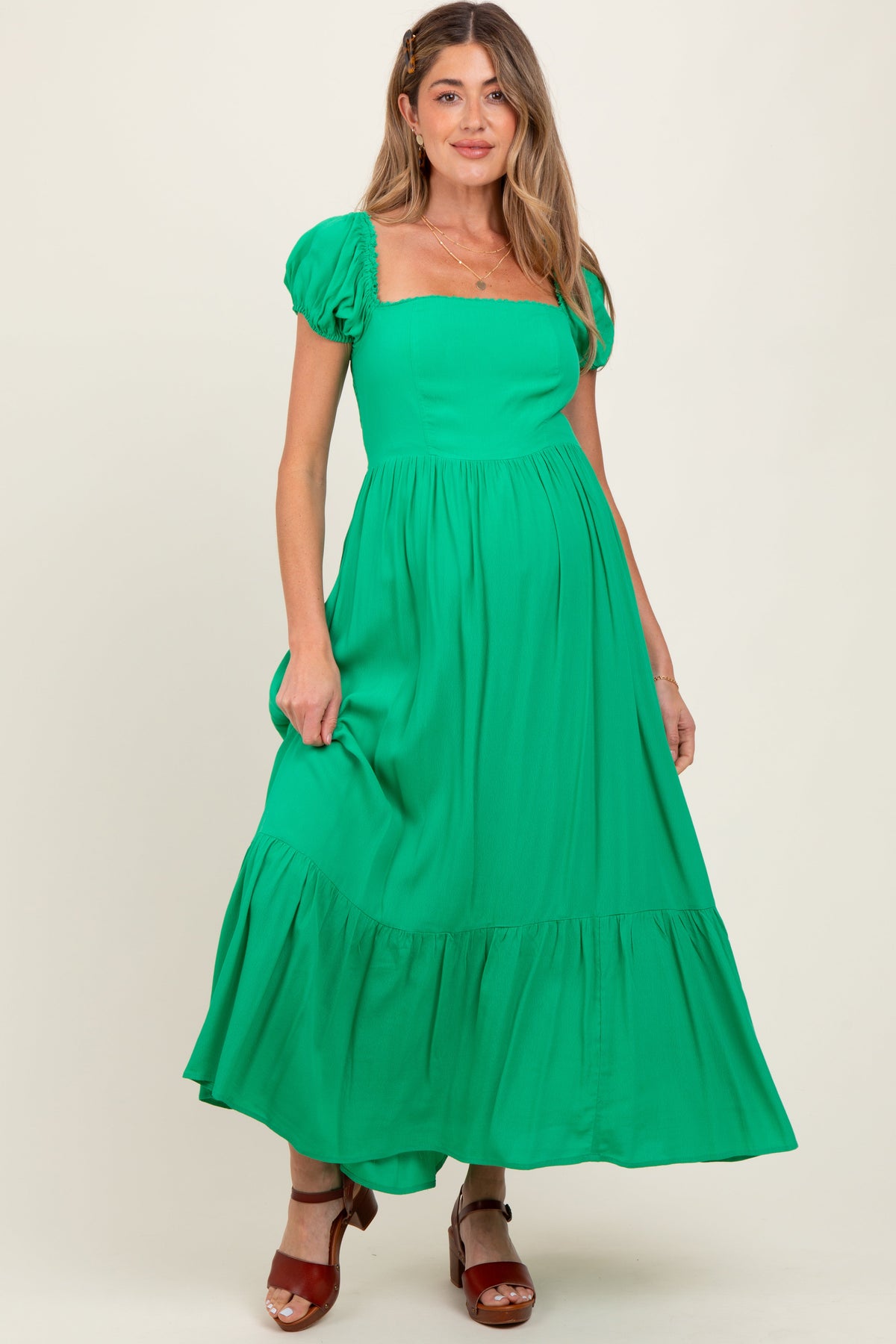 Green Ruffle Detail Square Neck Maternity Maxi Dress