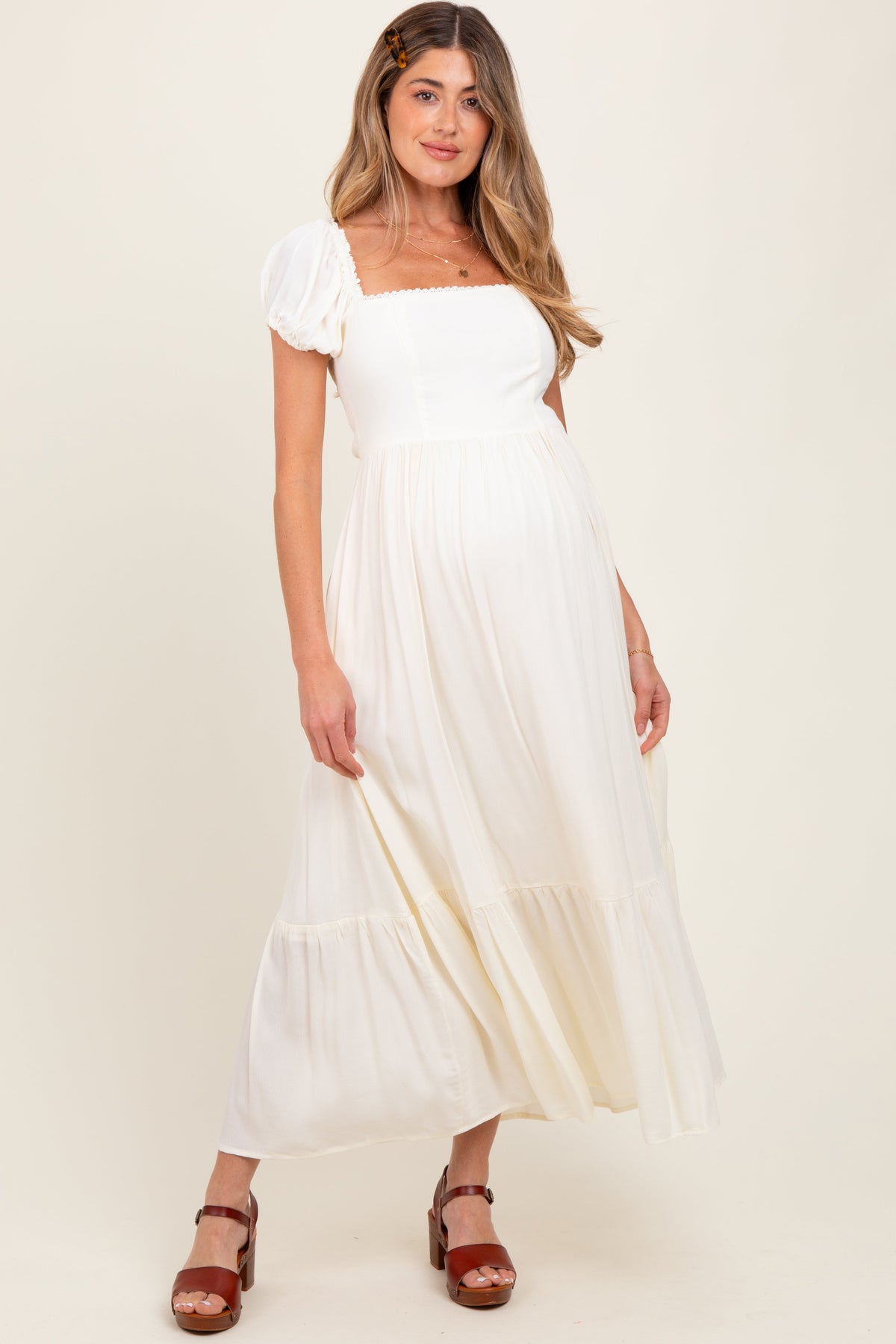 Ivory Ruffle Detail Square Neck Maternity Maxi Dress
