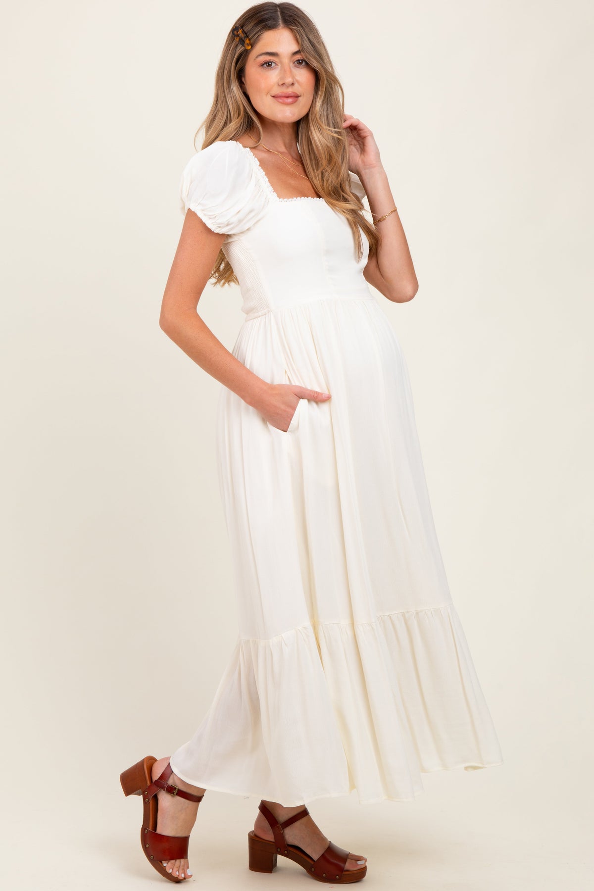 Ivory Ruffle Detail Square Neck Maternity Maxi Dress