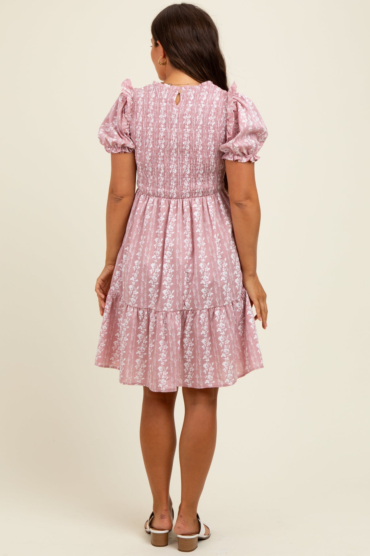 Pink Floral Smocked Ruffle Accent Maternity Dress