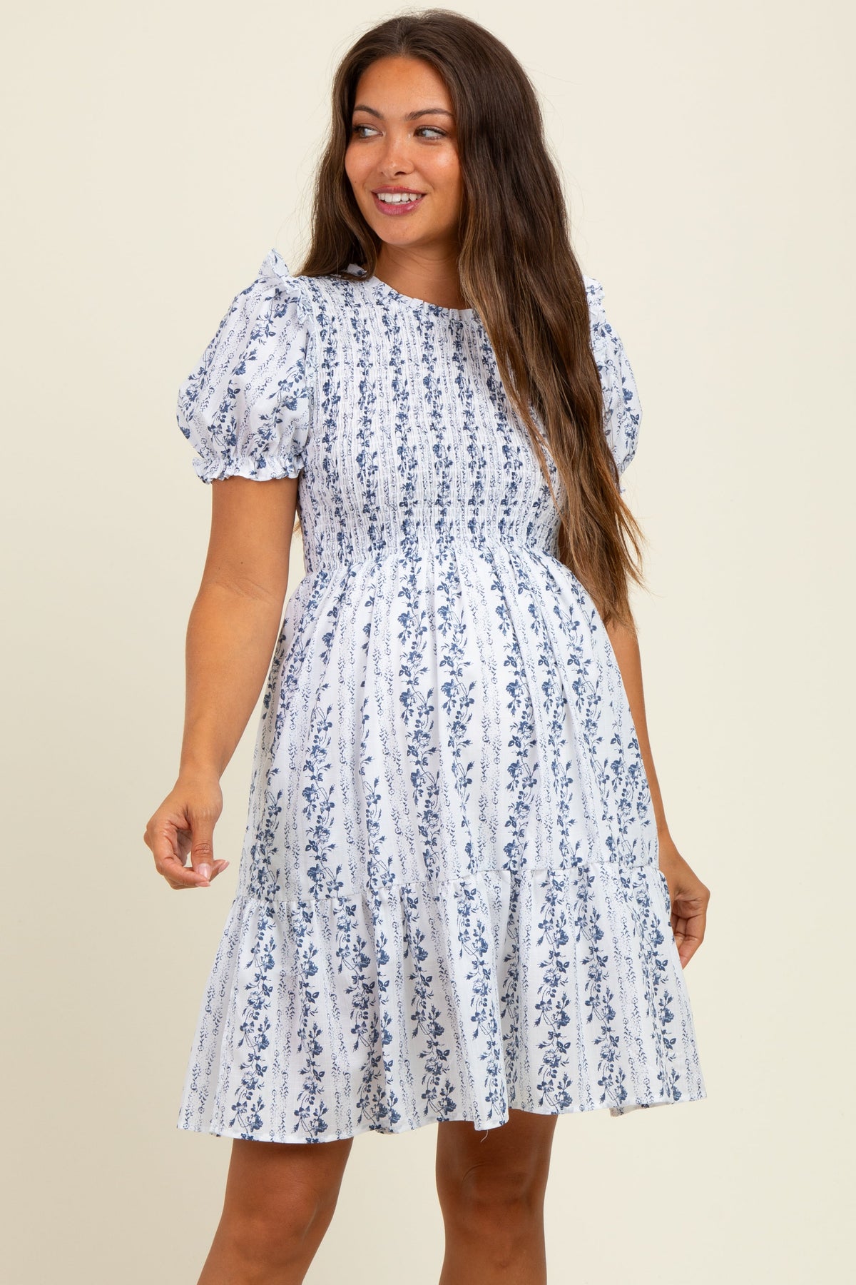 White Floral Smocked Ruffle Accent Maternity Dress