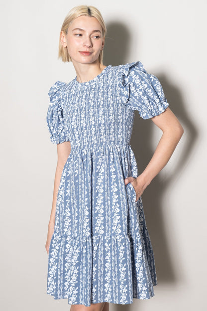 Blue Floral Smocked Ruffle Accent Maternity Dress