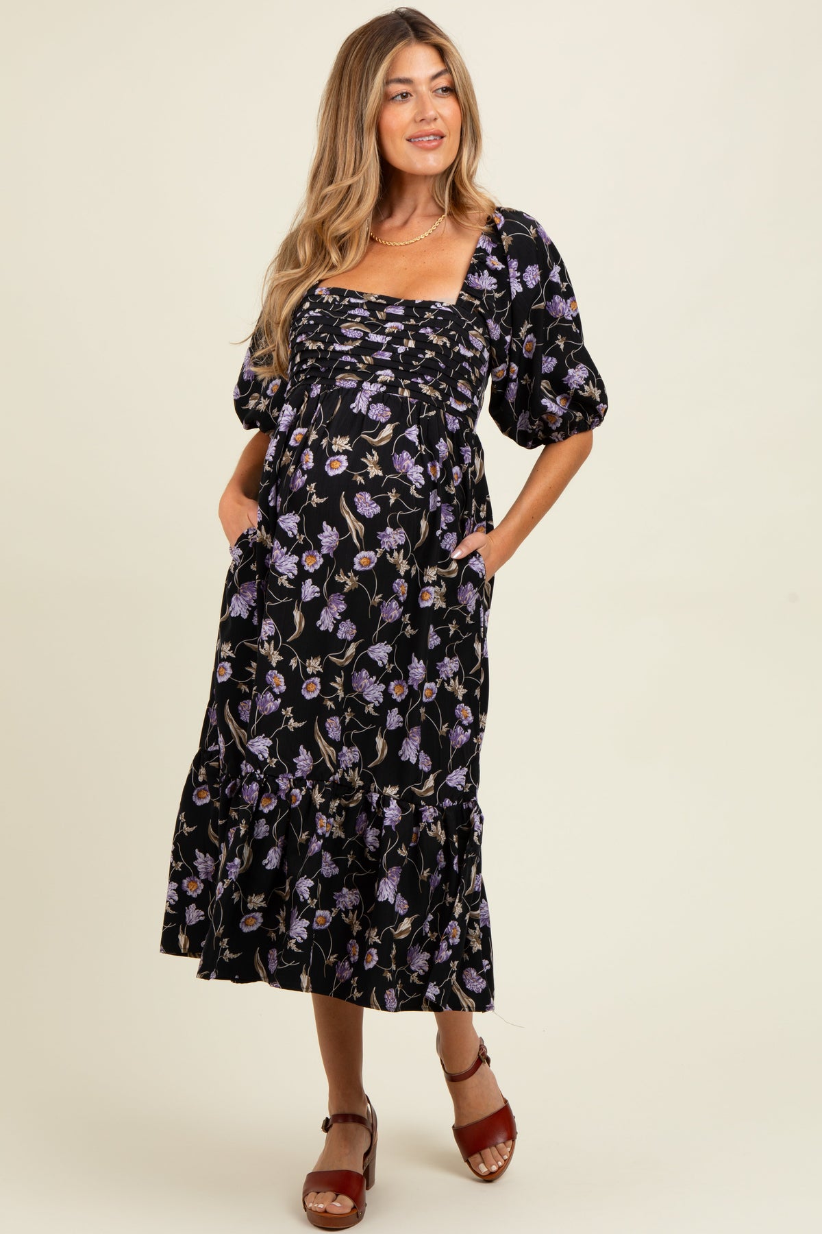 Black Floral Pleated Bodice 3/4 Sleeve Maternity Midi Dress