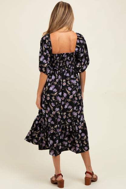 Black Floral Pleated Bodice 3/4 Sleeve Maternity Midi Dress