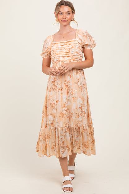 Peach Floral Pleated Bust Puff Sleeve Maternity Midi Dress
