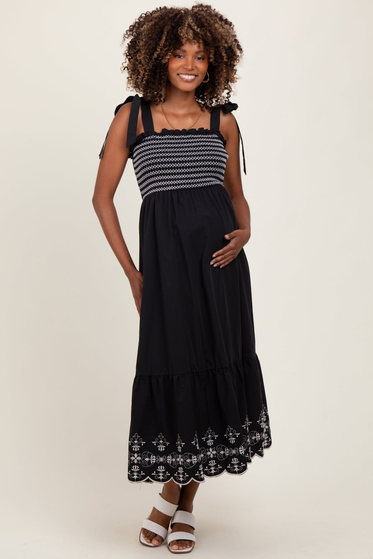 Black Smocked Embroidered Shoulder Tie Maternity Midi Dress