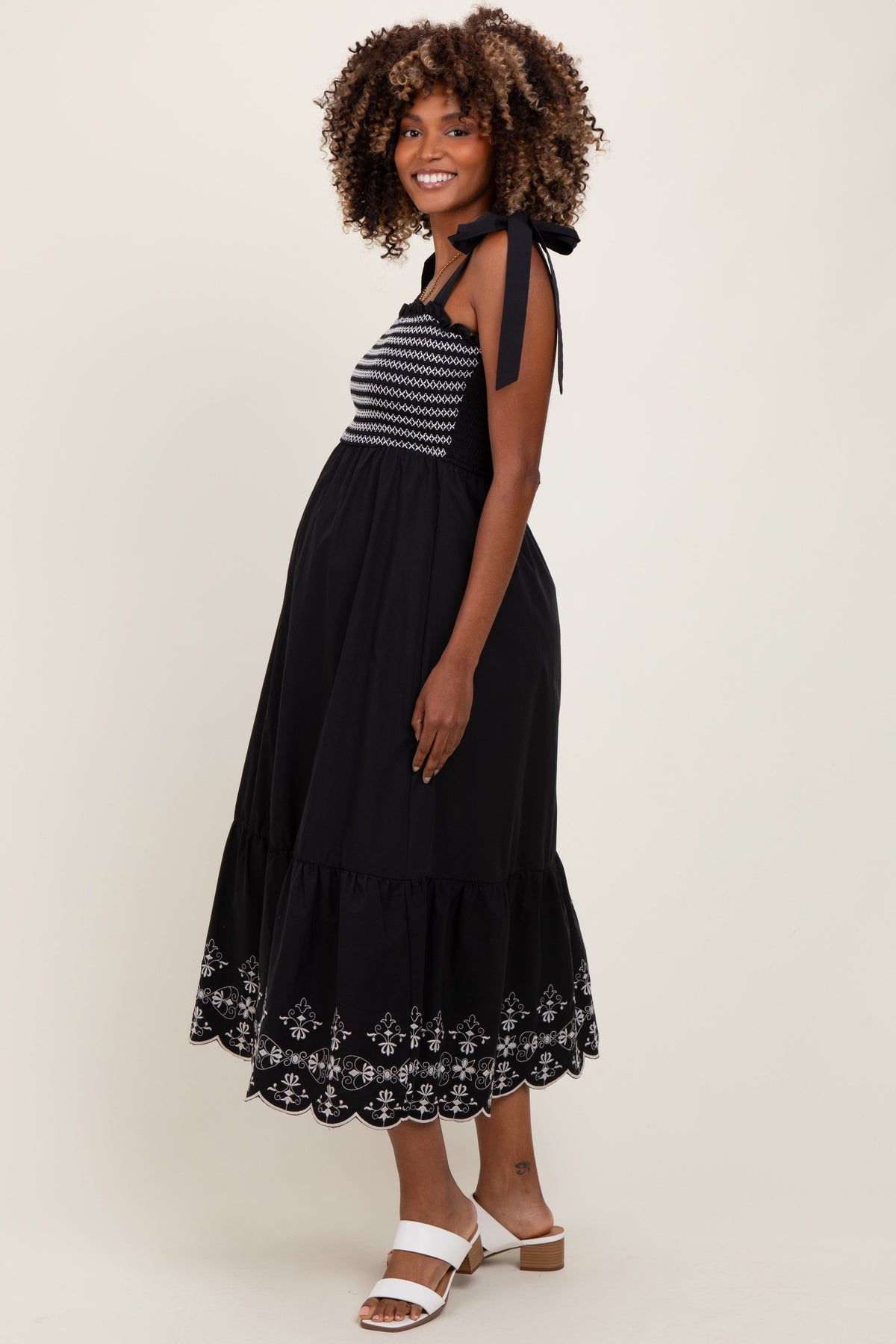 Black Smocked Embroidered Shoulder Tie Maternity Midi Dress